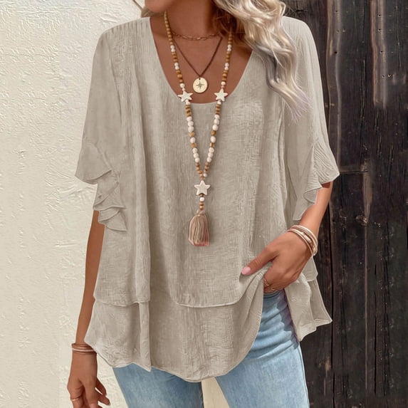 Women's Summer Round-Neck Casual Half Sleeve Ruffle T-Shirt Top