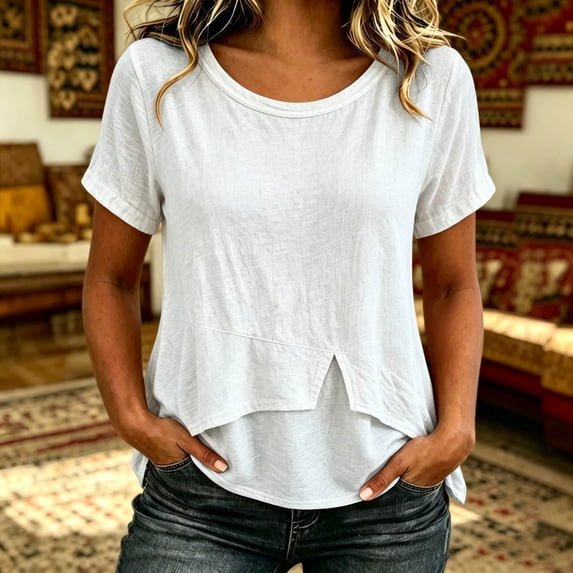 Women's Summer Round Neck Short Sleeve Casual Top Solid Color Blouse