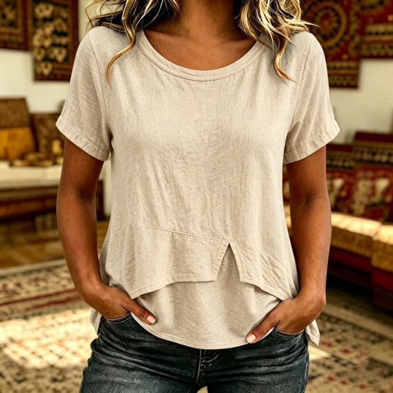 Women's Summer Round Neck Short Sleeve Casual Top Solid Color Blouse