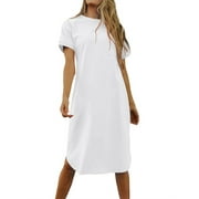 AUBURET Women's Summer Round Neck Short Sleeve Solid Basic T-Shirt Casual Midi Dress with Pockets