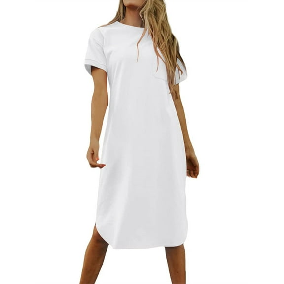 Women's Summer Round Neck Short Sleeve Solid Basic T-Shirt Casual Midi Dress with Pockets