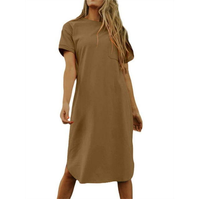Women's Summer T-Shirt Tee Dress: Solid Casual Midi with Round Neck, Short Sleeves, Pockets