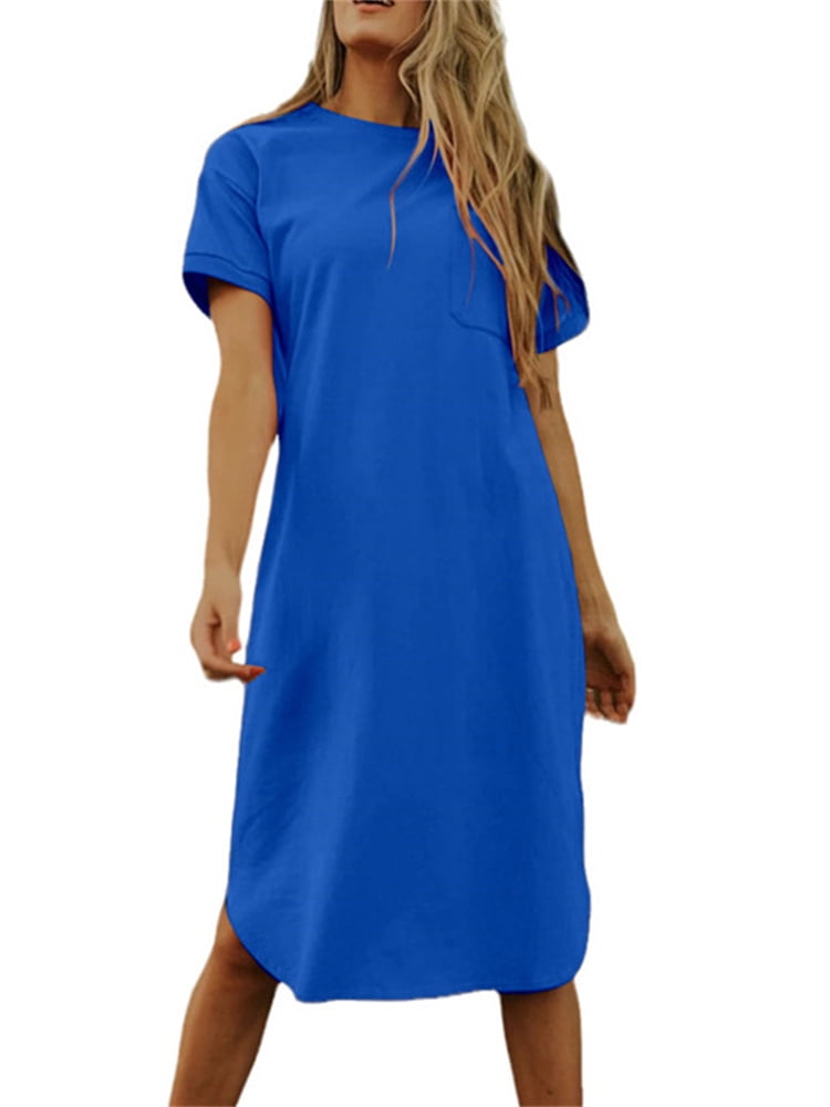 Women's Summer Round Neck Short Sleeve Solid Basic TShirt Casual Midi Dress with Pockets