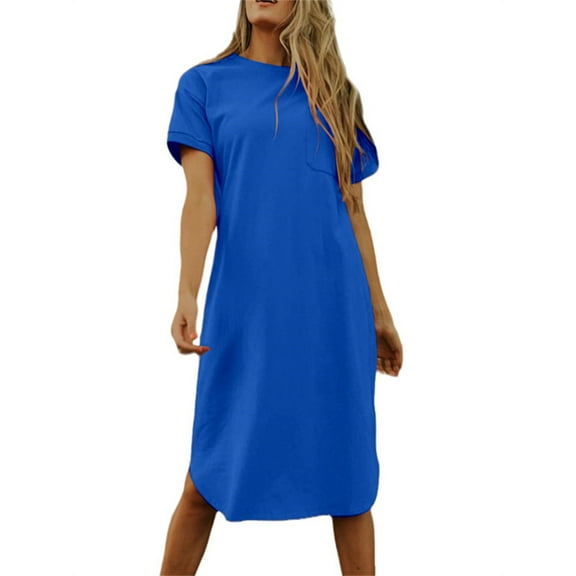 Women's Summer Round Neck Short Sleeve Solid Basic T-Shirt Casual Midi Dress with Pockets