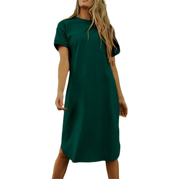 Women's Summer Round Neck Short Sleeve Solid Basic T-Shirt Casual Midi Dress with Pockets
