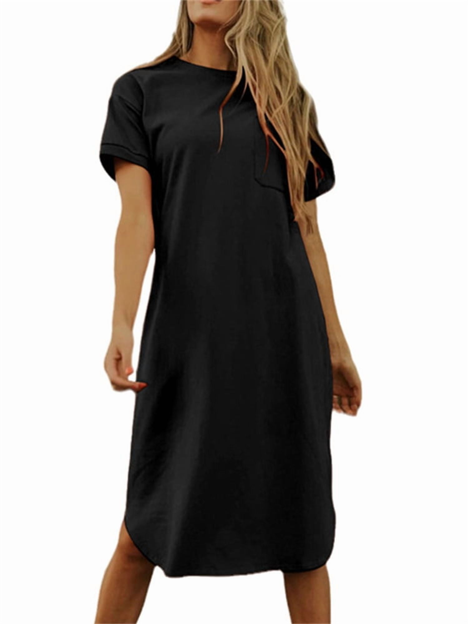 Women's Solid Color Summer Midi Dress: Round Neck, Short Sleeve, Casual ...