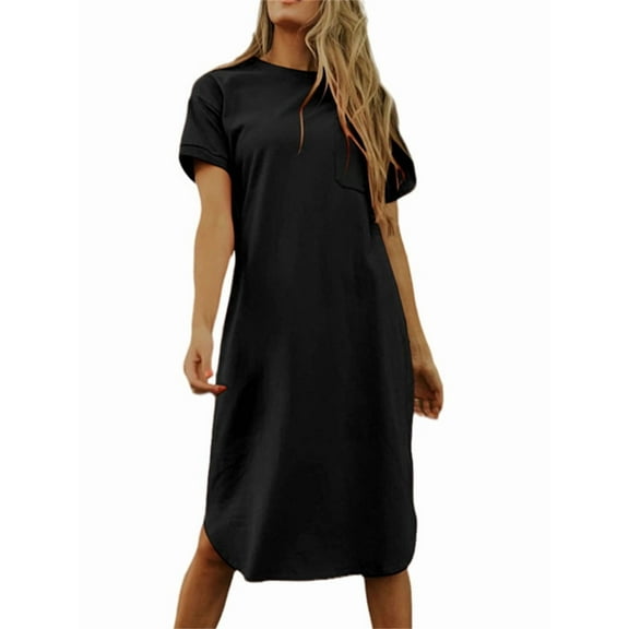 Women's Summer Round Neck Short Sleeve Solid Basic T-Shirt Casual Midi Dress with Pockets