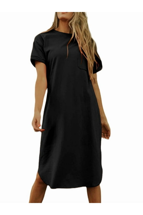 Women's Summer Round Neck Short Sleeve Solid Basic T-Shirt Casual Midi Dress with Pockets