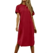 Women's Summer Round Neck Short Sleeve Solid Basic T-Shirt Casual Midi Dress with Pockets