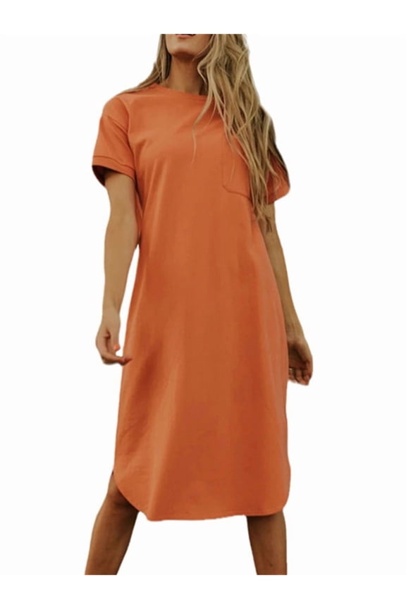 Women's Summer Round Neck Short Sleeve Solid Basic T-Shirt Casual Midi Dress with Pockets