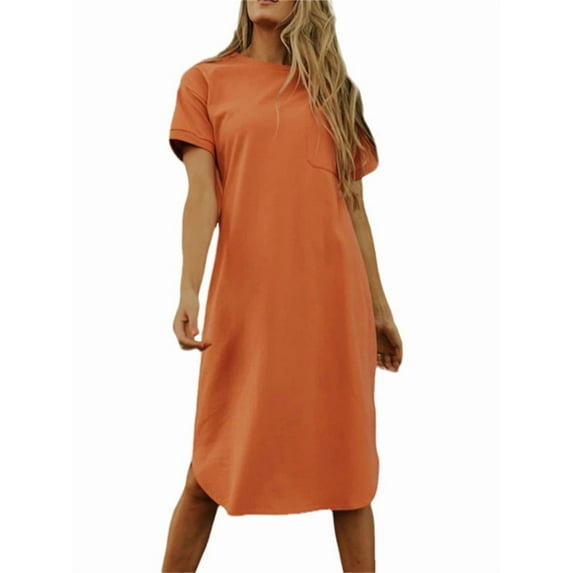 Women's Summer Round Neck Short Sleeve Solid Basic T-Shirt Casual Midi Dress with Pockets