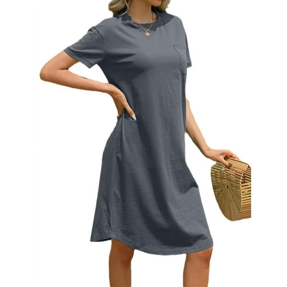 Women's Summer Round Neck Short Sleeve Solid Basic T-Shirt Casual Midi Dress with Pockets