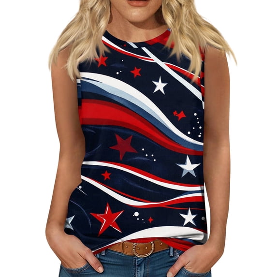 Women's Summer Round Neck Sleeveless Tank Top, Lightweight Independence Day Print Casual T-Shirt for Daily & Vacation Style,Dark Blue 2XL