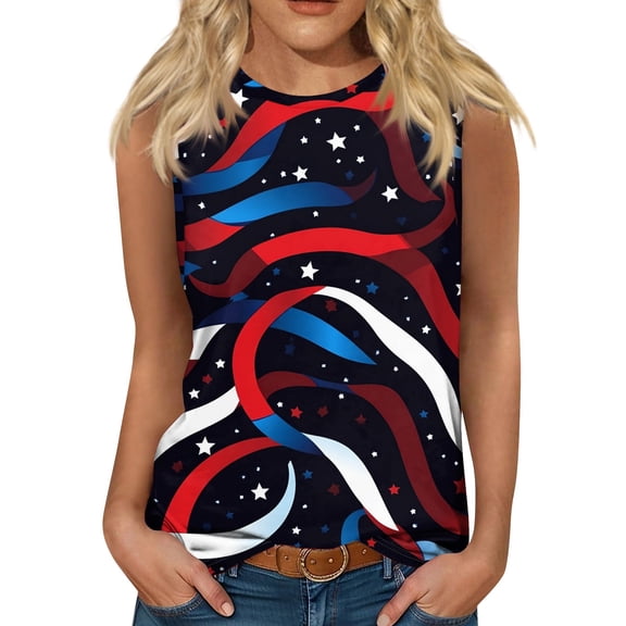 Women's Summer Round Neck Sleeveless Tank Top, Lightweight Independence Day Print Casual T-Shirt for Daily & Vacation Style,Wine L