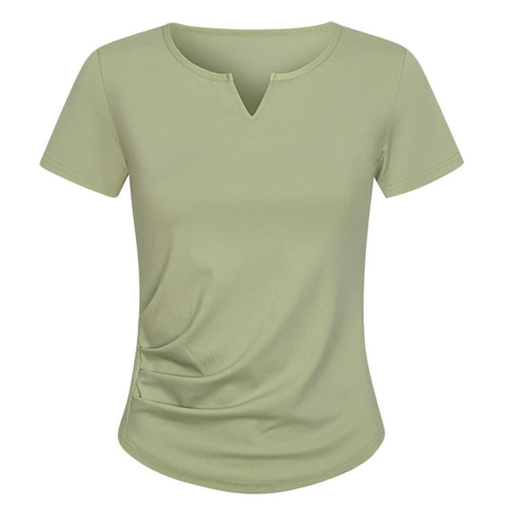 Women's Summer Ruched Tops Casual Short Sleeve V Neck Basic Tee Shirts Solid Color Slim Stretch Trendy Blouses