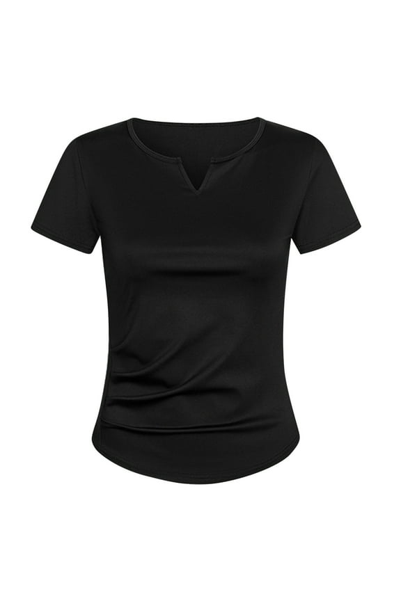 Women's Summer Ruched Tops Casual Short Sleeve V Neck Basic Tee Shirts Solid Color Slim Stretch Trendy Blouses