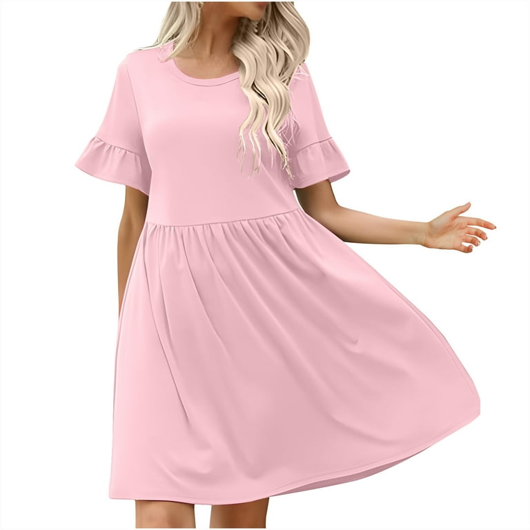 Women s Summer Ruffle Short Sleeve Midi Dress Sale Clearance Ladies Elegant Flowy Dresses Party Beach Evening Prom Dress Solid Color Casual Sundress Holiday Tunic Swing Dress Walmart