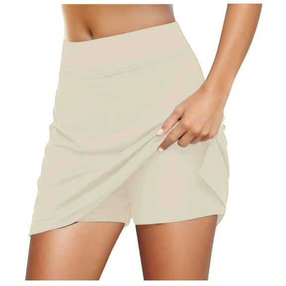 Women's Summer Ruffle Short Solid Color Double Layer Athletic Skorts Trendy Casual Women's Workout Shorts,Beige,M