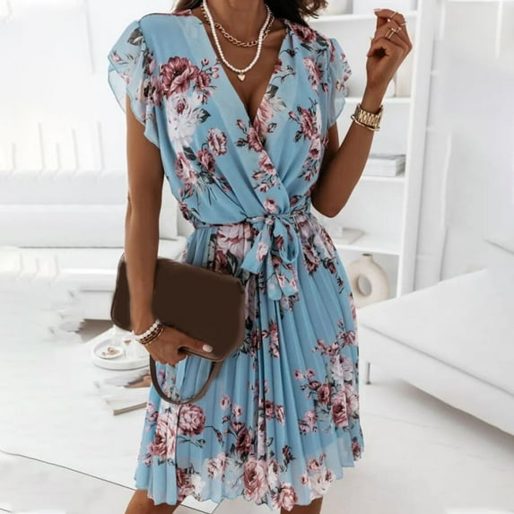Women's Summer Ruffle Short-sleeved V-neck Digital Print Dress