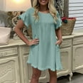 thumbnail image 1 of Women 獨 Summer Ruffle Sleeve Round Neck Loose Fit Casual Swing Short Soild Dress with Pockets, 1 of 6