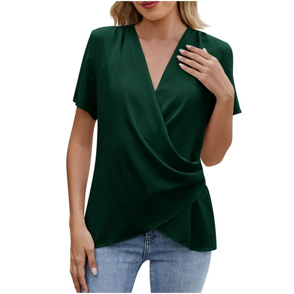 Women's Summer Ruffle Sleeve Tops Drendy Short Sleeve Twist Front Knot V Neck Blouses Dressy Casual Solid Shirts (XL, Green)
