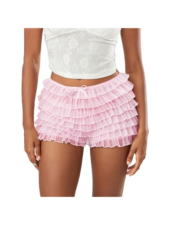 Women's Summer Ruffled Frilly Shorts, Multi-Layer Mesh Short Pants Sweet Cute Bloomers