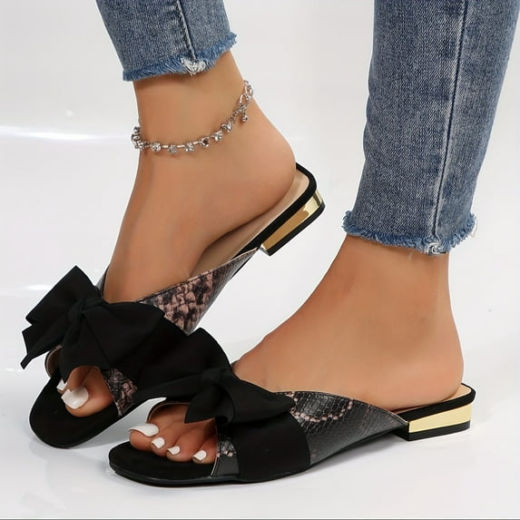 Women's Summer Sandals: Comfortable Low Heel, Snakeskin Print with Bowknot, Square Toe Design for Every Occasion