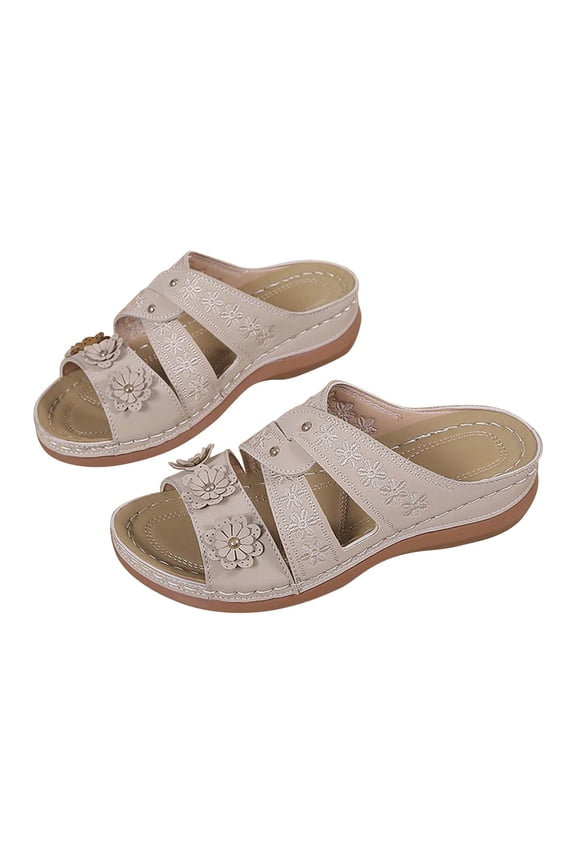 Women's Summer Sandals Floral Embroidered Slippers Slip on Wedge Open Toe Breathable Comfortable Outdoor Walking Shoes Beige 36