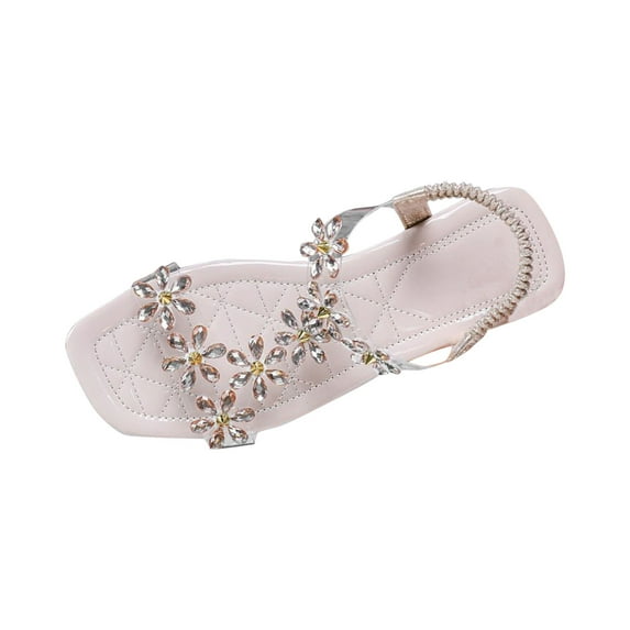 Women's Summer Sandals Flower Rhinestone Transparent Belt Open Toe Elastic Strap Comfortable Cute Beach Flat Sandals White