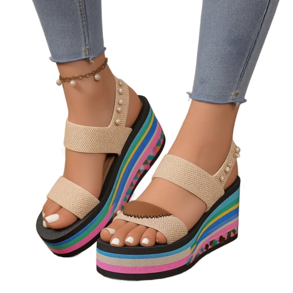 Women's Summer Sandals Rainbow Sole Slide On Wedge Heels Lightweight Foam Comfortable Beach Flip Flops for Casual Outings 38