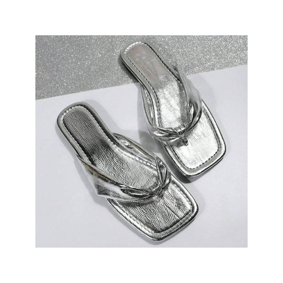 Women’s Summer Sandals - Slip-On Flip-Flops Beach Slippers Ruched Strap Flat Square Toe Design