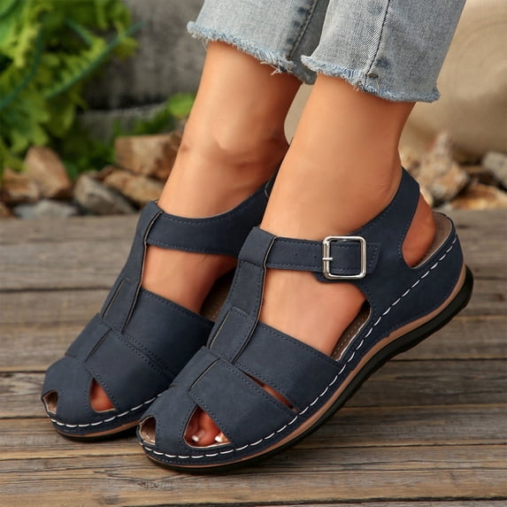 Women's Summer Sandals Women's Oofos Slides Women's Fashion Casual Spring And Summer Comfortable Style Solid Color Hollow Breathable Round Toe Thick Bottom Wedge Sandals Blue