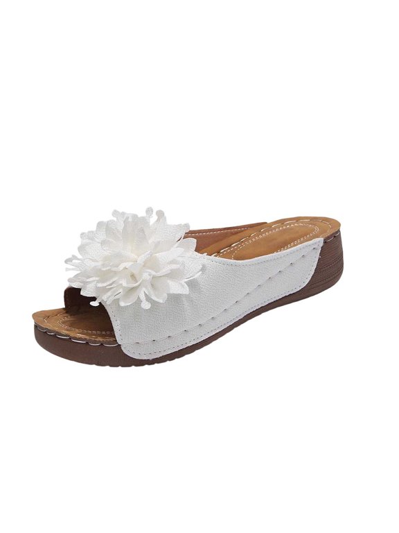 Women's Summer Sandals with Flower Trendy Beach Casual Comfortable Walking Flats Open Toe Platform Shoes | White US Size 8.5