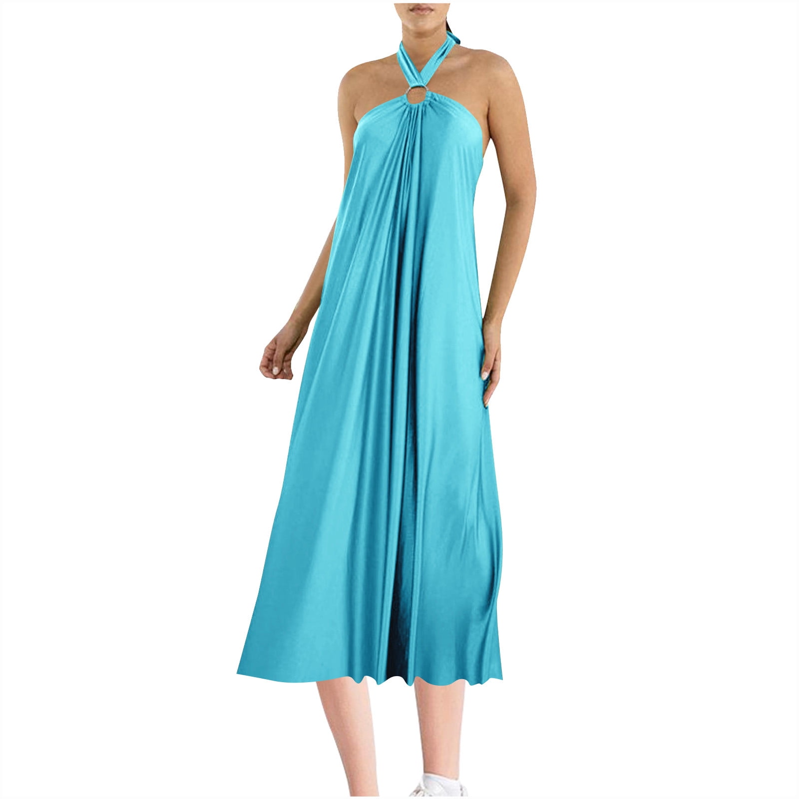 Women's Summer Satin Dress Elegant Sleeveless O-Ring Halter Tie Neck  Backless Cocktail Party Flowy Dresses - Walmart.com