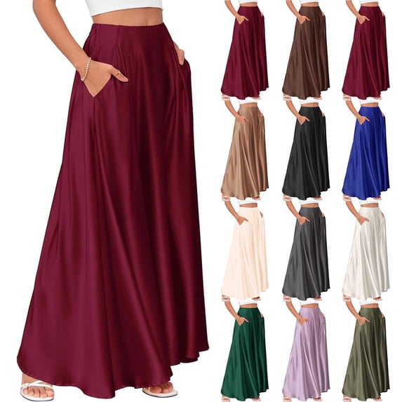 Women's Summer Satin Maxi Skirt - Casual Elastic Waist Solid Color Flowy Long Skirt with Pockets
