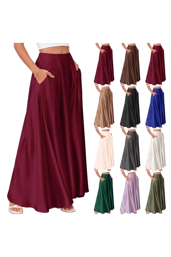 Women's Summer Satin Maxi Skirt - Casual Elastic Waist Solid Color Flowy Long Skirt with Pockets