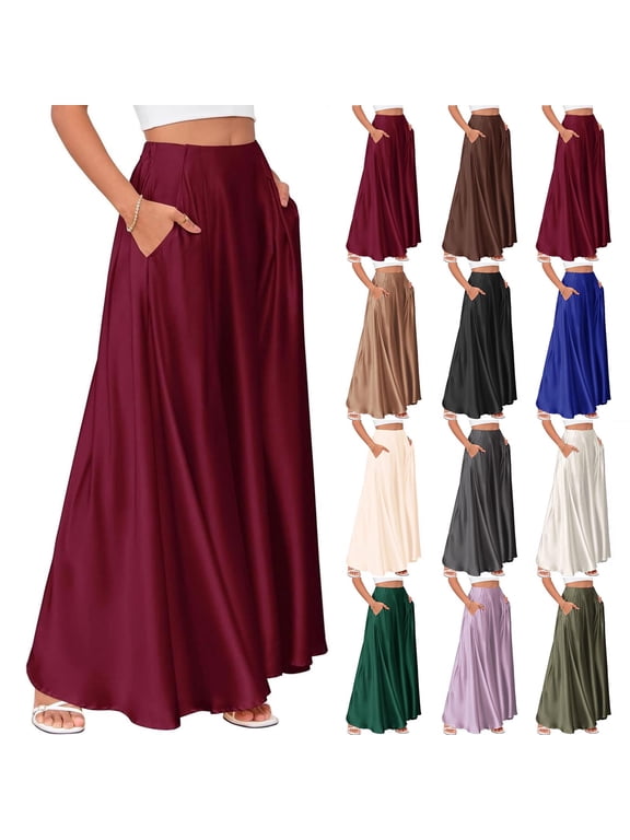 Women's Summer Satin Maxi Skirt - Casual Elastic Waist Solid Color Flowy Long Skirt with Pockets