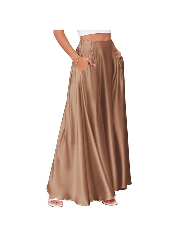 Women's Summer Satin Maxi Skirt - Casual Elastic Waist Solid Color Flowy Long Skirt with Pockets