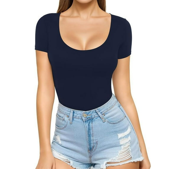 Women's Summer Scoop Neck Short Sleeve T-Shirt Casual Blouse Slim Fitted Basic Shirts