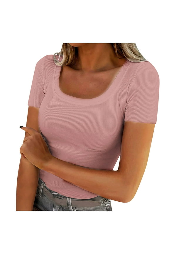 Women's Summer Scoop Neck Short Sleeve T-Shirts Ribbed Knit Slim Fitted Casual Basic Top