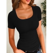 Women's Summer Scoop Neck Short Sleeve T-Shirts Ribbed Knit Slim Fitted Casual Basic Top