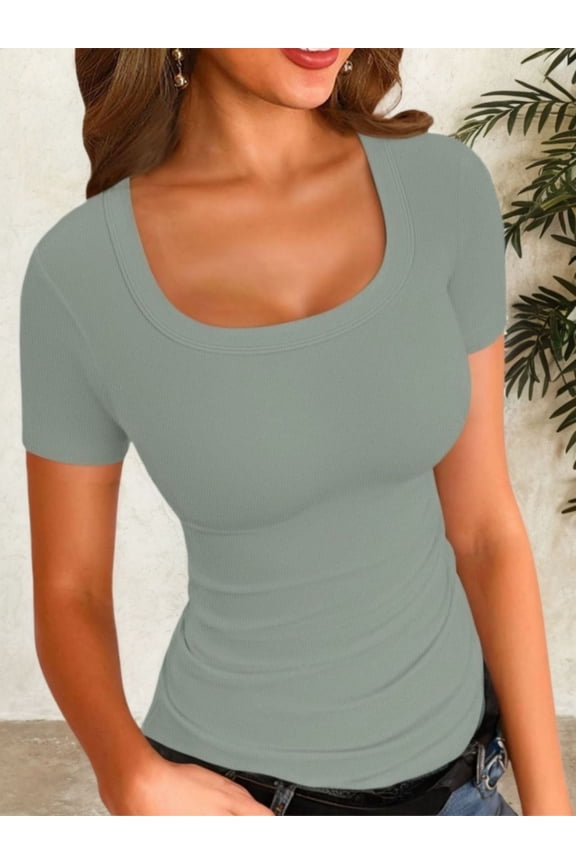 Women's Summer Scoop Neck Short Sleeve T-Shirts Ribbed Knit Slim Fitted Casual Basic Top