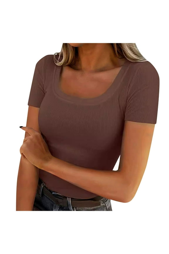 Women's Summer Scoop Neck Short Sleeve T-Shirts Ribbed Knit Slim Fitted Casual Basic Top