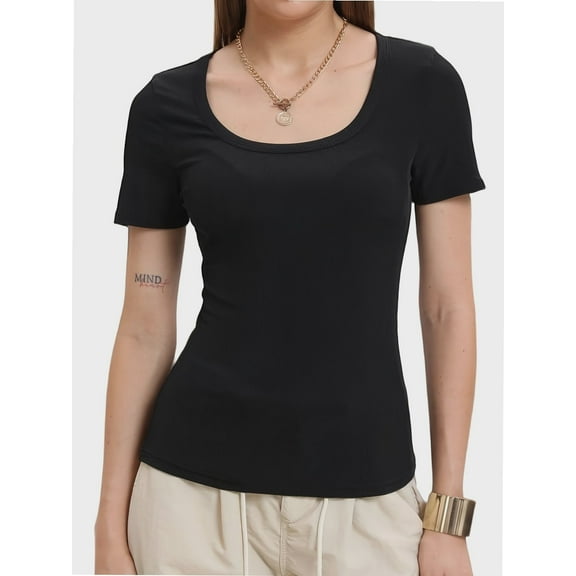 Women's Summer Scoop Neck Short Sleeve T-Shirts Ribbed Knit Slim Fitted Casual Basic Top