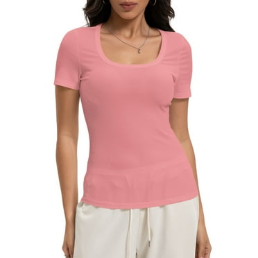 Women's Summer Scoop Neck Short Sleeve T-Shirts Ribbed Knit Slim Fitted Casual Basic Top