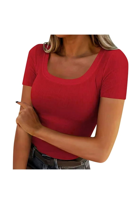 Women's Summer Scoop Neck Short Sleeve T-Shirts Ribbed Knit Slim Fitted Casual Basic Top