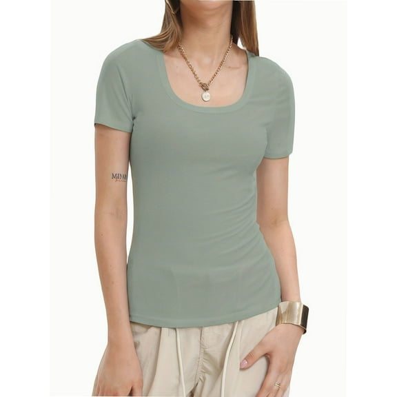 Women's Summer Scoop Neck Short Sleeve T-Shirts Ribbed Knit Slim Fitted Casual Basic Top