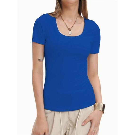 Women's Summer Scoop Neck Short Sleeve T-Shirts Ribbed Knit Slim Fitted Casual Basic Top