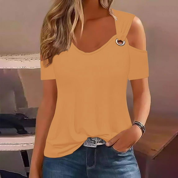 Women's Summer Sexy Cold Shoulder V-Neck Short Sleeve Pullover Blouse, Solid Color Casual Top, Stylish and Comfortable T-Shirt for Women, Ideal for Hot Weather, Versatile and Fashionable