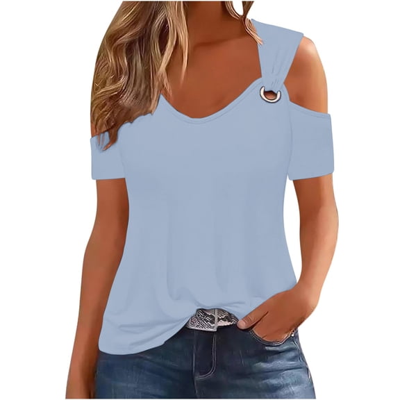 Women's Summer Sexy Cold Shoulder V-Neck Short Sleeve Pullover Blouse, Solid Color Casual Top, Stylish and Comfortable T-Shirt for Women, Ideal for Hot Weather, Versatile and Fashionable